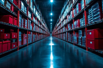 Fototapeta premium Warehouse interior showcasing organized shelves filled with red storage boxes under bright overhead lights