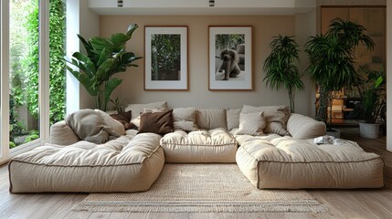 Beige Modular Sofa in a Modern Living Room with Plants and Artwork