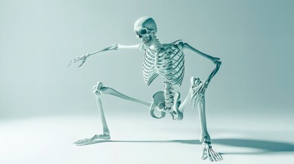 Skeletal Figure in a Studio Setting: A 3D Rendered Image of a Skeleton in a Low Squat Pose.