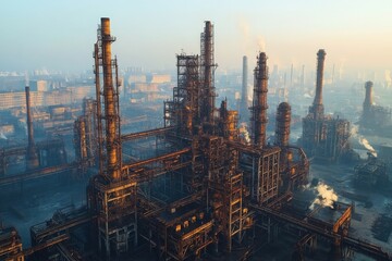Industrial complex with towering smokestacks at sunrise in an urban landscape