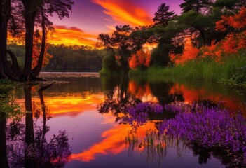 Obraz premium stunning sunset reflection over calm lake shore surrounded lush greenery silhouetted trees, water, sky, colors, clouds, horizon, landscape, light
