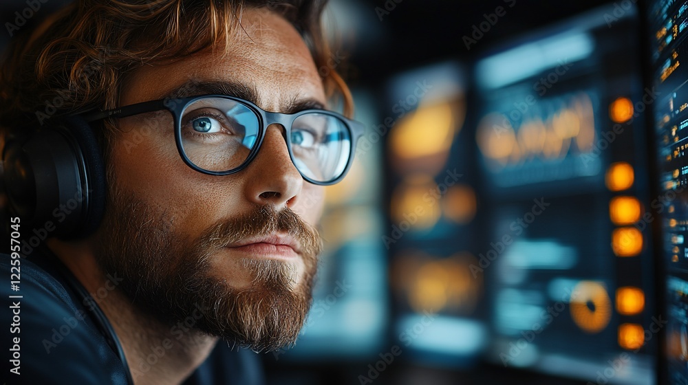 Poster focused man with headphones reviewing data on multiple monitors.
