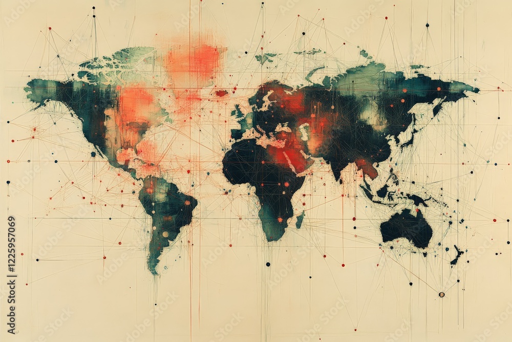 Poster Artistic representation of the world map with abstract patterns, highlighting continents and connections