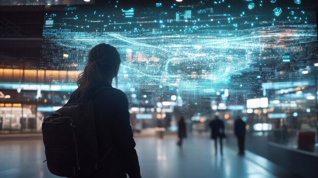 A futuristic transit hub that displays augmented timelines of public transport where routes are visually projected in midair guiding travelers effortlessly.