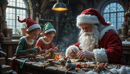 Santa Claus and Two Elves Crafting Toys in a Festive Workshop