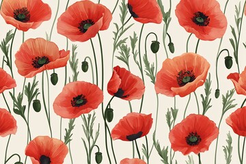Fototapeta premium Vibrant red poppies with green stems against a light background, creating a lively floral pattern