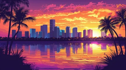 Vibrant Cityscape Sunset Reflection: A Tropical Paradise