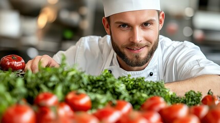 A chef smiles while arranging vibrant red tomatoes and fresh green herbs on a countertop, preparing for a busy lunch rush in a professional kitchen filled with activity