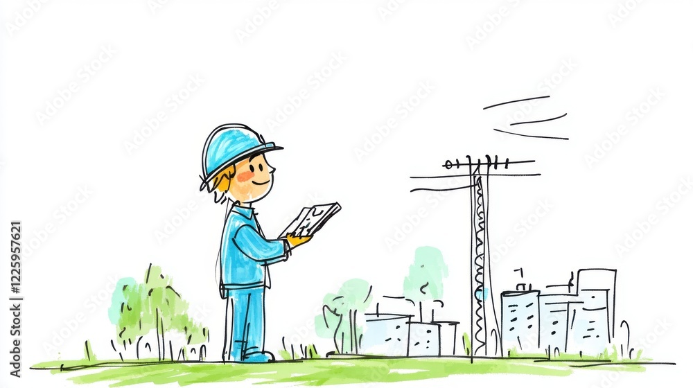 Poster happy engineer inspecting power lines with notepad in colorful cartoon style on clear sky background