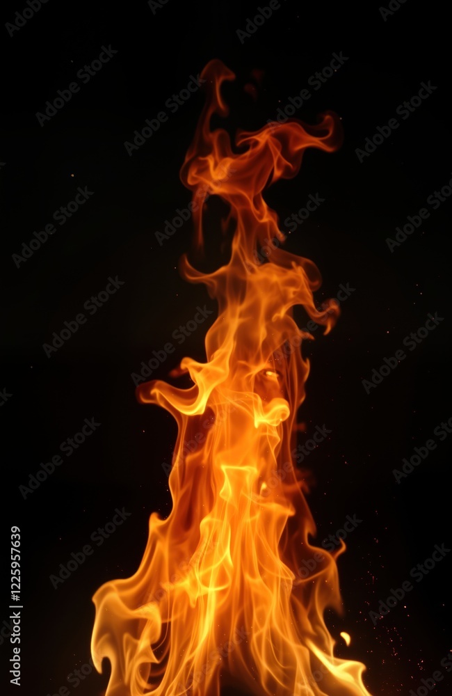 Poster fiery flames blaze against dark backdrop. orange flames dance, swirl in abstract pattern. powerful f