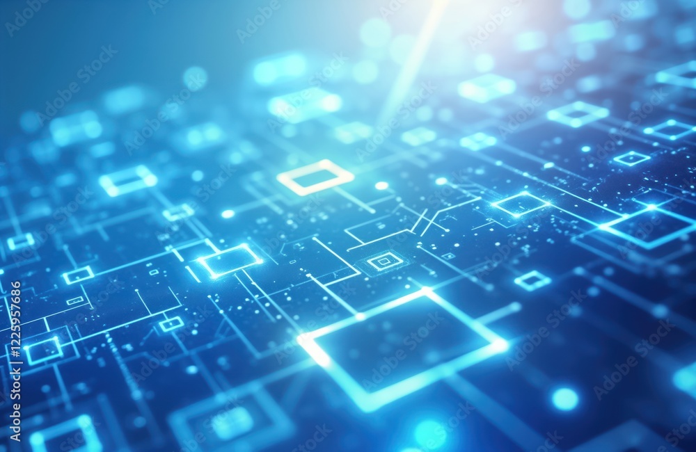 Fototapete abstract futuristic tech background displays complex network with glowing blue squares, lines. moder