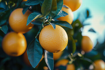 Oranges growing on an orange tree with green leaves on an orange farm on a sunny clear blue sky day.	