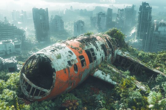 Abandoned airplane overgrown with plants in a futuristic cityscape