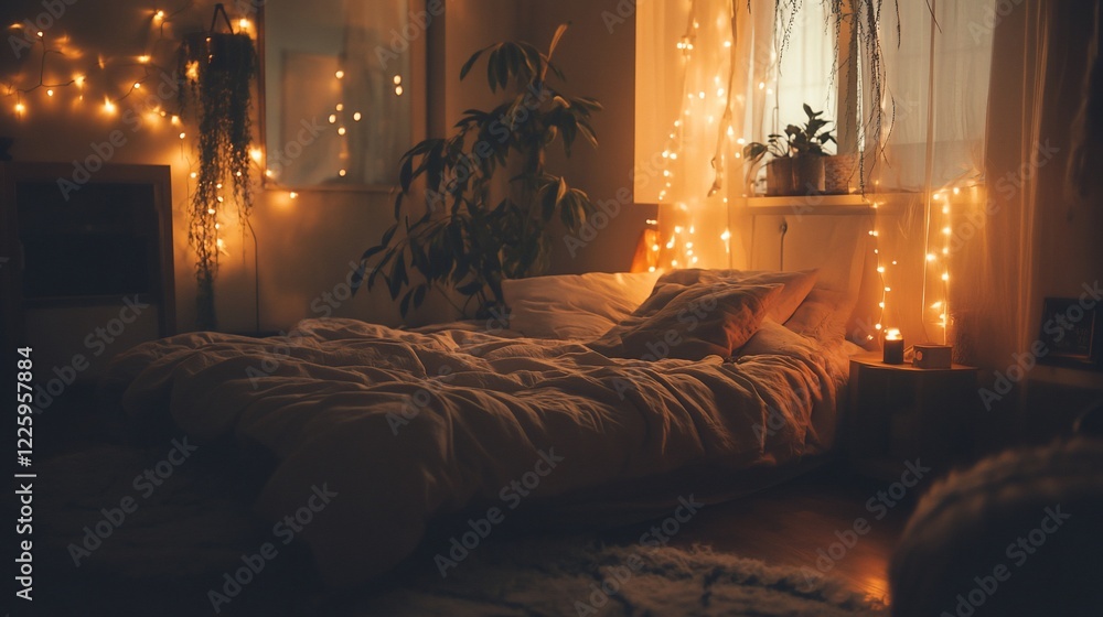 Poster cozy bedroom with warm string lights creating a relaxing and inviting atmosphere at night