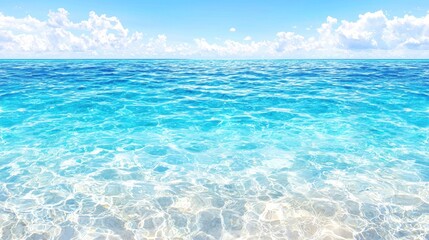 Clear turquoise ocean, sunny sky, white clouds, beach sand, summer vacation travel
