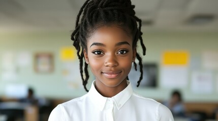 A girl with dreadlocks stands in a lively classroom, looking confident and friendly. Her white shirt contrasts with the colorful background filled with students engaged in various activities