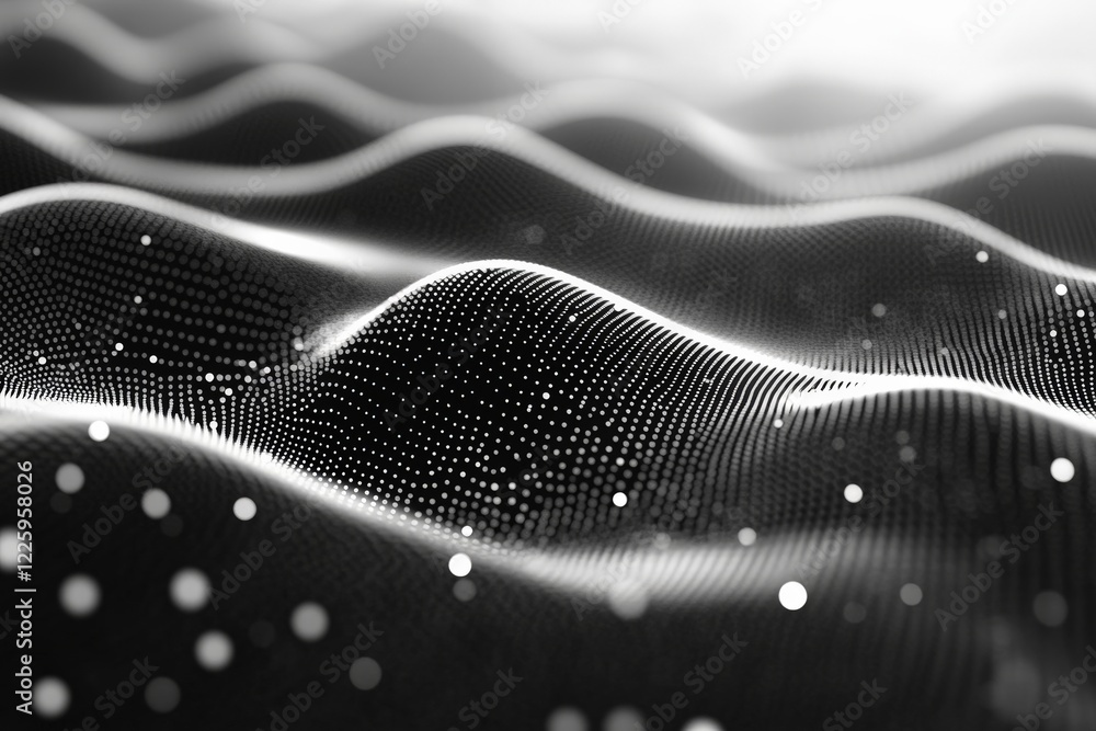 Poster Dynamic abstract representation of waves with shimmering dots in black and white