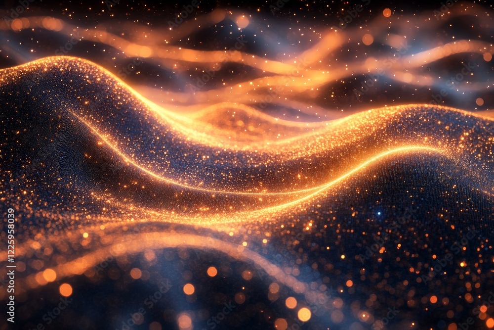 Poster Abstract shimmering waves illuminated by warm light at night, creating an enchanting visual experience of light and texture