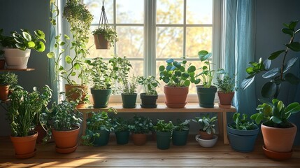 Fototapeta premium Sunlit Indoor Garden: A Collection of Lush Green Houseplants Thriving by a Window