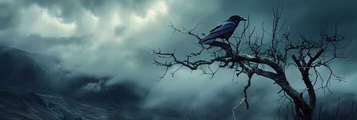 Raven on Barren Branch Against Stormy Sky &ndash; A Visual Omen of Change and Revelation