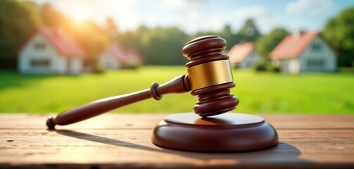 Wooden gavel rests on wooden table. Property auction scene. Sold-out land background. Houses in background. Real estate investment concept. Auction of land. Competition for property. High demand.