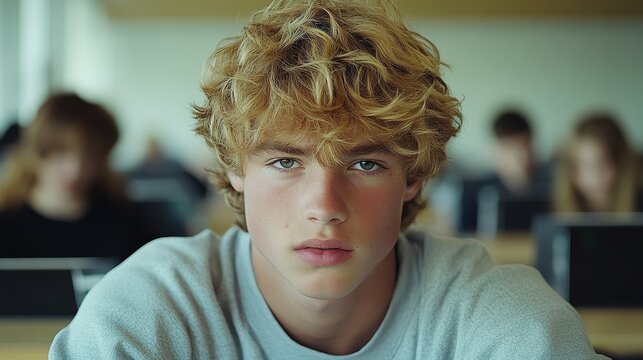 A young man with curly blonde hair is seated at his desk in a classroom, staring intently ahead while others work quietly in the background