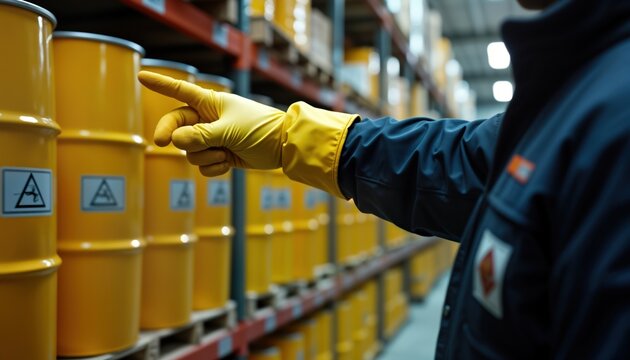 Safety officer in industrial warehouse points to hazardous substances in storage. Worker in protective gear indicates dangerous goods containers. Proper storage, handling of explosive materials.