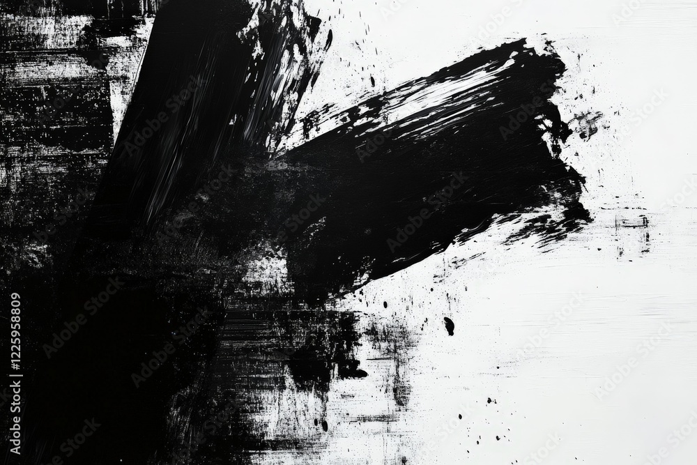Poster Black abstract brush strokes on a textured white background create a bold yet minimalist artistic expression