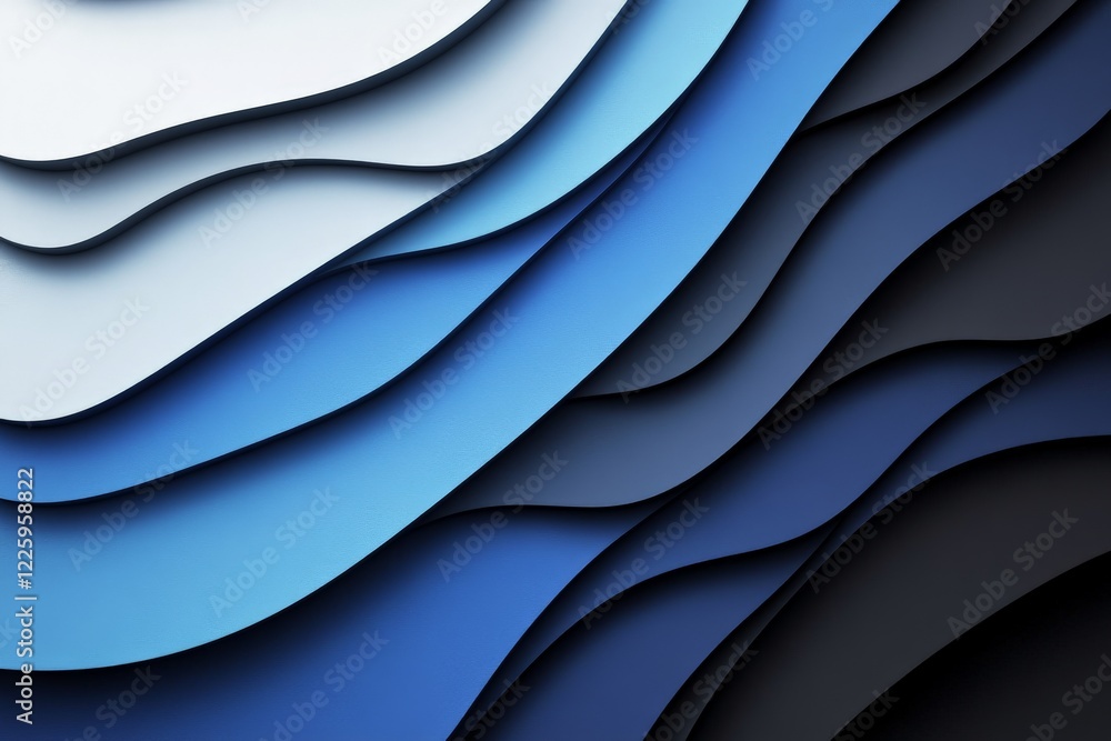 Poster Layers of blue and black paper create a gradient wave pattern that evokes a sense of depth and movement in abstract design