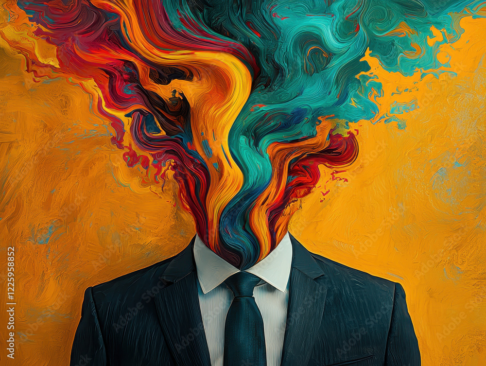 Aufkleber professional in chaos: vibrant patterns and thoughts symbolize adhd in a surreal representation