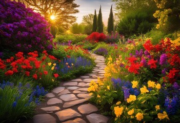 vibrant garden pathway surrounded colorful blooms lush greenery providing scenic outdoor experience, flowers, landscape, petals, foliage, plantation, shrubs