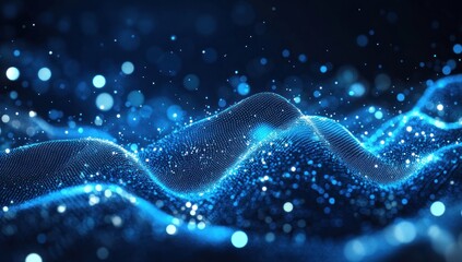 Abstract Blue Digital Wave, Sparkling Particles, Glowing Energy, Futuristic Technology