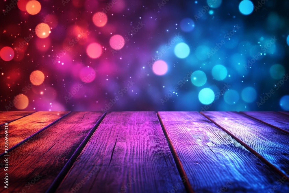 Fototapete colorful bokeh lights create a vibrant atmosphere over a rustic wooden table in an evening setting