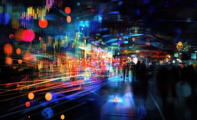 Obraz premium Vibrant Cityscape: A Symphony of Lights and Data Streams