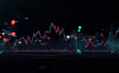 Abstract Financial Market Data Visualization:  Candlestick Chart Over Cityscape