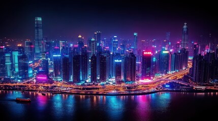 Fototapeta premium Neon Nightscape: A vibrant aerial view of a futuristic city skyline at night, illuminated with dazzling neon lights reflecting on the water.