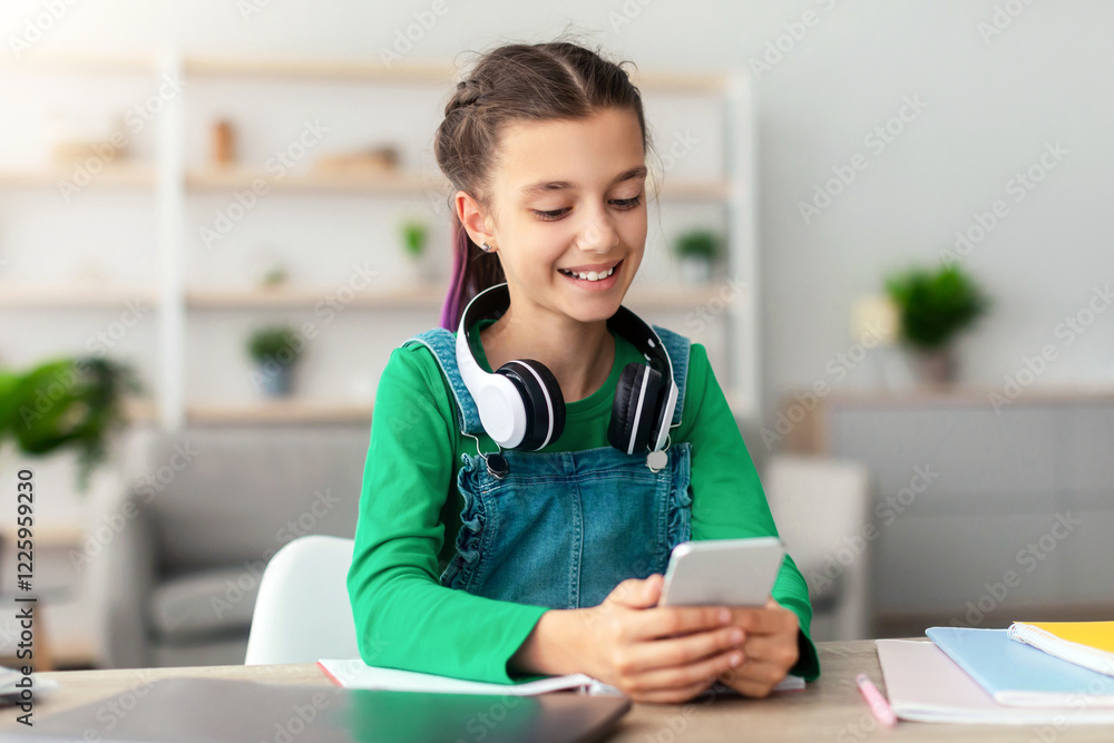 Poster portrait of smiling school girl with dyed colorful hair using mobile phone browsing social network a