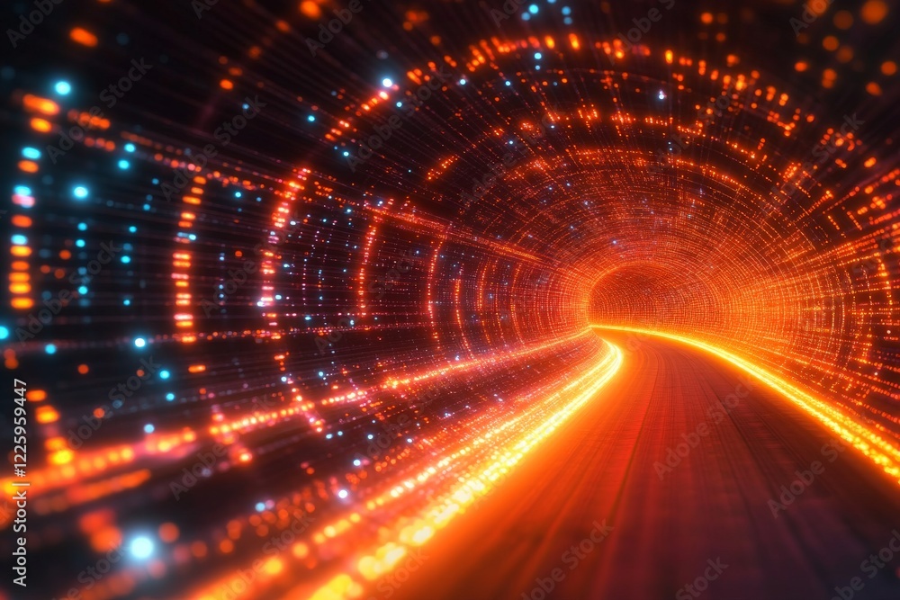 Poster vibrant light trails create an engaging tunnel effect with dynamic orange and blue hues at night in 