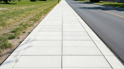 A serene perspective of a sidewalk, meticulously paved with light-grey rectangular tiles, adjacent to a smooth asphalt road, bordered by a strip of verdant grass