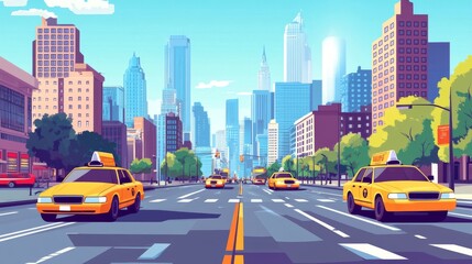 Fototapeta premium Smart car wireless network connection with smart city. Smart vehicle and automotive technology. Icons of city infrastructure. Taxi Future concept. Vector illustration.
