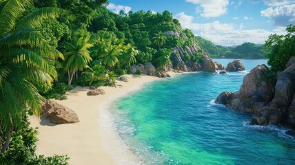Fototapeta premium Tropical Island, A pristine tropical beach with turquoise water, white sand, and lush palm trees, captured during golden hour