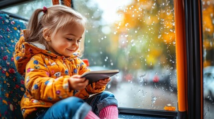 A young girl smiles while holding a tablet, seated near a bus window. Raindrops dot the glass, and colorful autumn trees can be seen outside, creating a cozy atmosphere