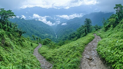 Obraz premium Mountain Trails Branching Through Lush Green Valley