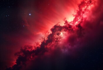 Naklejka premium Red galaxy night sky background with stars. Deep red cosmic clouds fill night sky. Stars shimmer in dark background. Red nebula. Abstract space art. Fantasy cosmic illustration. Digital artwork.