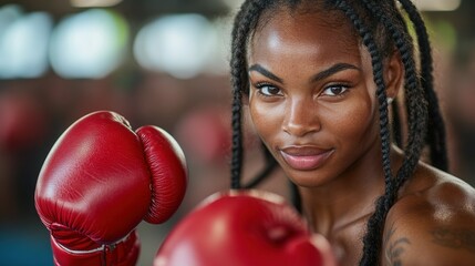 A confident female boxer is preparing for a training session in a gym. Her determined expression and red gloves highlight her dedication and strength