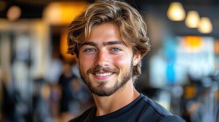 Fototapeta premium A young man with curly hair and a beard smiles confidently while standing in a vibrant indoor environment filled with people and warm lighting