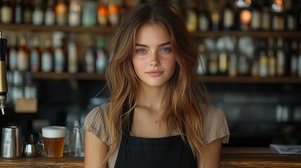 A young woman with long, wavy hair stands in a bar, wearing a black apron over a light shirt. The bar shelves are filled with various drink bottles, creating a vibrant atmosphere