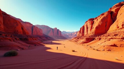 Fototapeta premium Arid Canyon Landscape with Figures in Golden Hour Light, showcasing the vastness and beauty of the desert