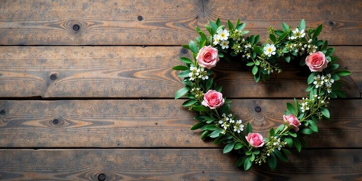 Heart-shaped floral arrangement of pink roses and white blossoms on rustic wooden background, perfect for romantic occasions or sentimental expressions
