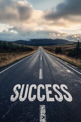 Success written on winding road leading to misty mountain
